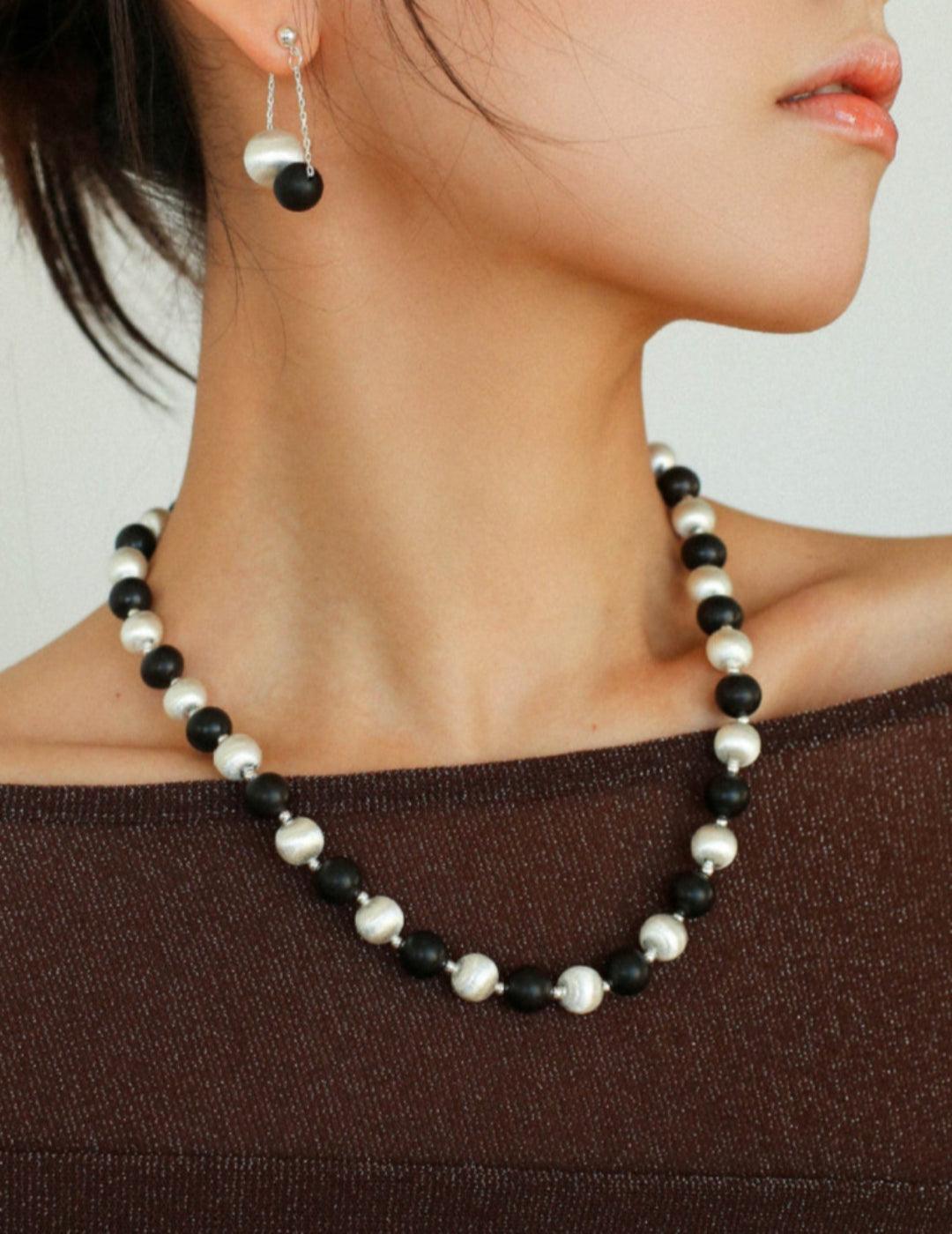 Ebony and Silver Ball Brushed Beaded Necklace - Gembea Jewelry
