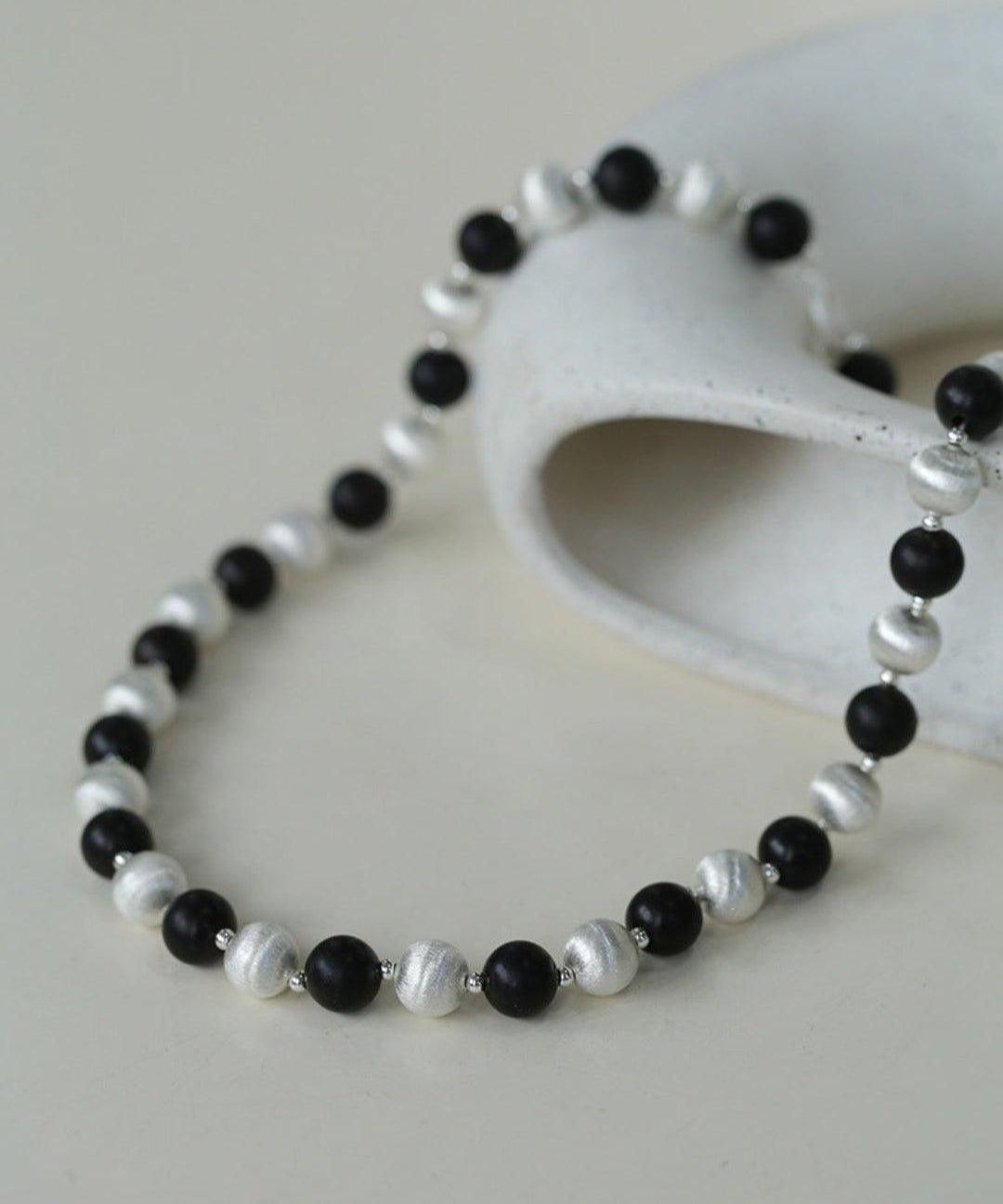 Ebony and Silver Ball Brushed Beaded Necklace - Gembea Jewelry