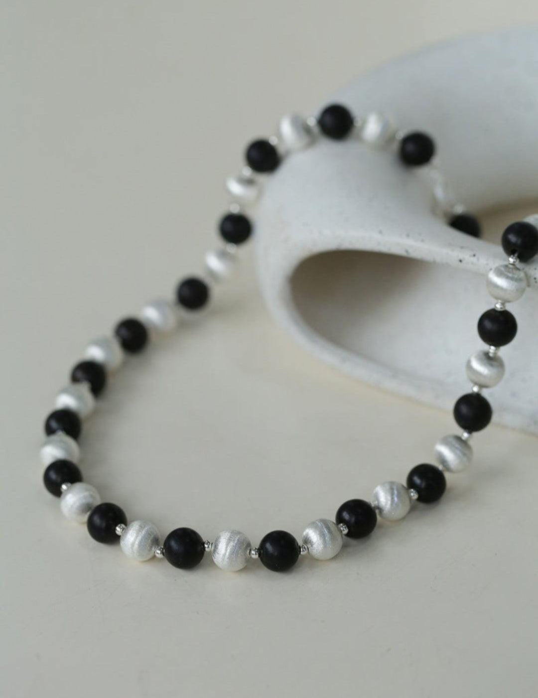 Ebony and Silver Ball Brushed Beaded Necklace - Gembea Jewelry