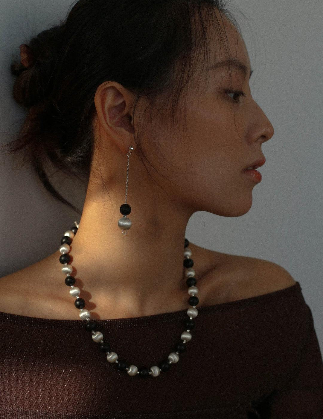 Ebony and Silver Ball Brushed Beaded Necklace - Gembea Jewelry