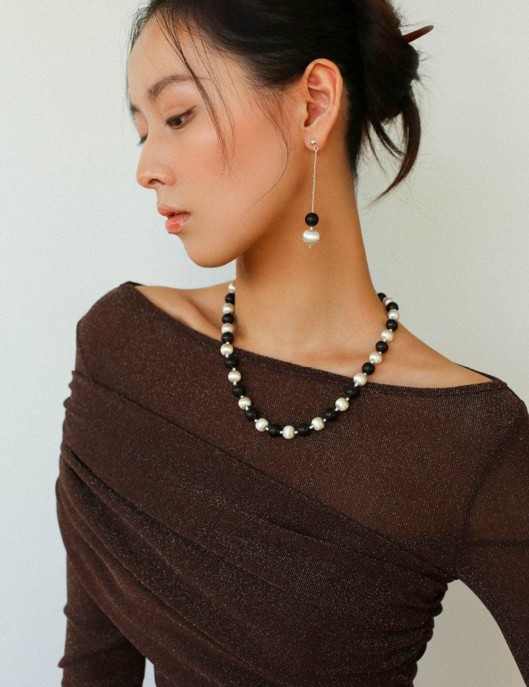 Ebony and Silver Ball Brushed Beaded Necklace - Gembea Jewelry