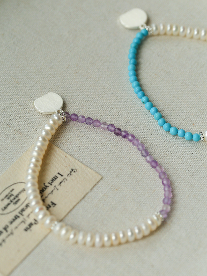 Elegant Pearl Moonstone Amethyst Bead Stretch Bracelet gembea jewelry
