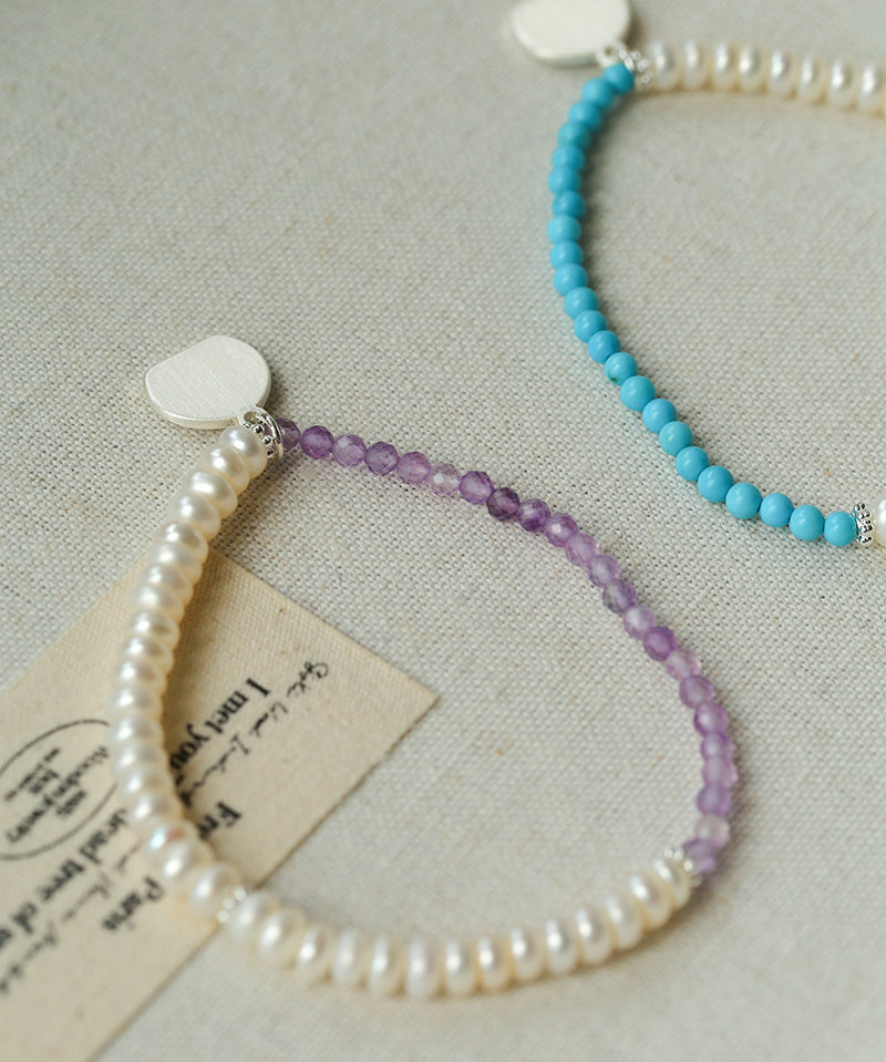 Elegant Pearl Moonstone Amethyst Bead Stretch Bracelet gembea jewelry