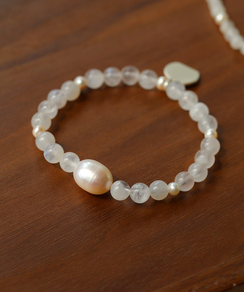 Elegant Pearl Moonstone Amethyst Bead Stretch Bracelet gembea jewelry