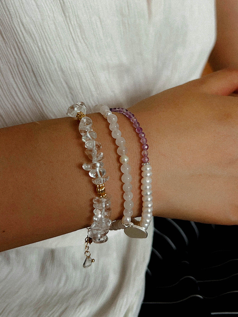 Elegant Pearl Moonstone Amethyst Bead Stretch Bracelet gembea jewelry