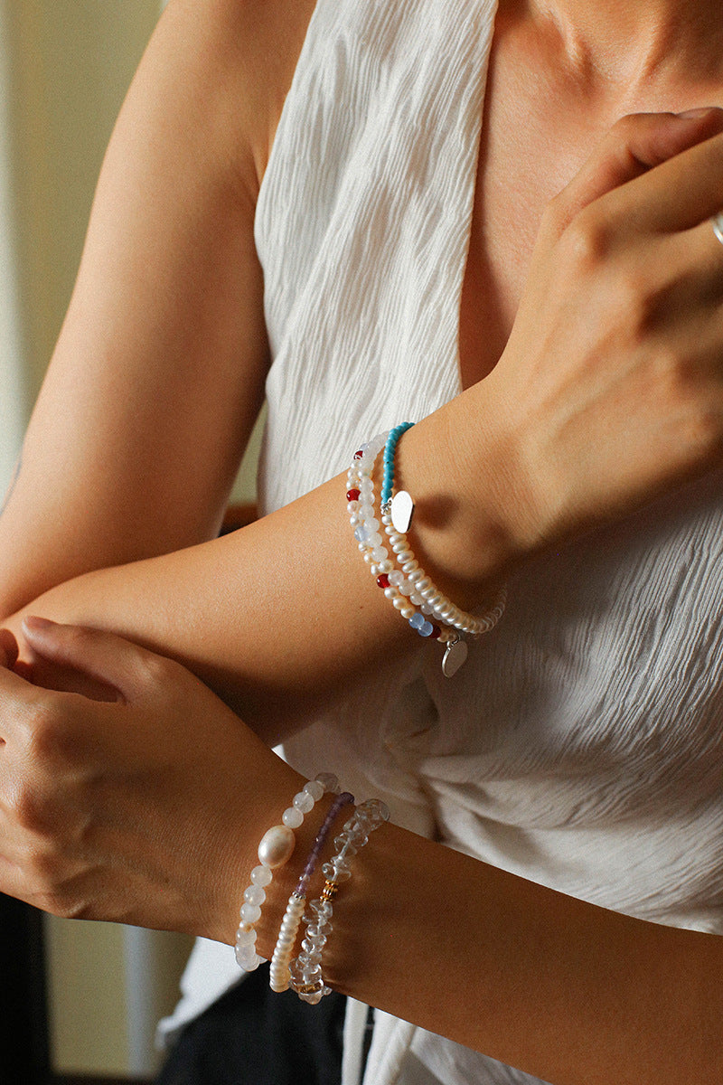 Elegant Pearl Moonstone Amethyst Bead Stretch Bracelet gembea jewelry