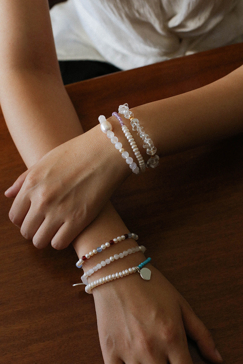 Elegant Pearl Moonstone Amethyst Bead Stretch Bracelet gembea jewelry