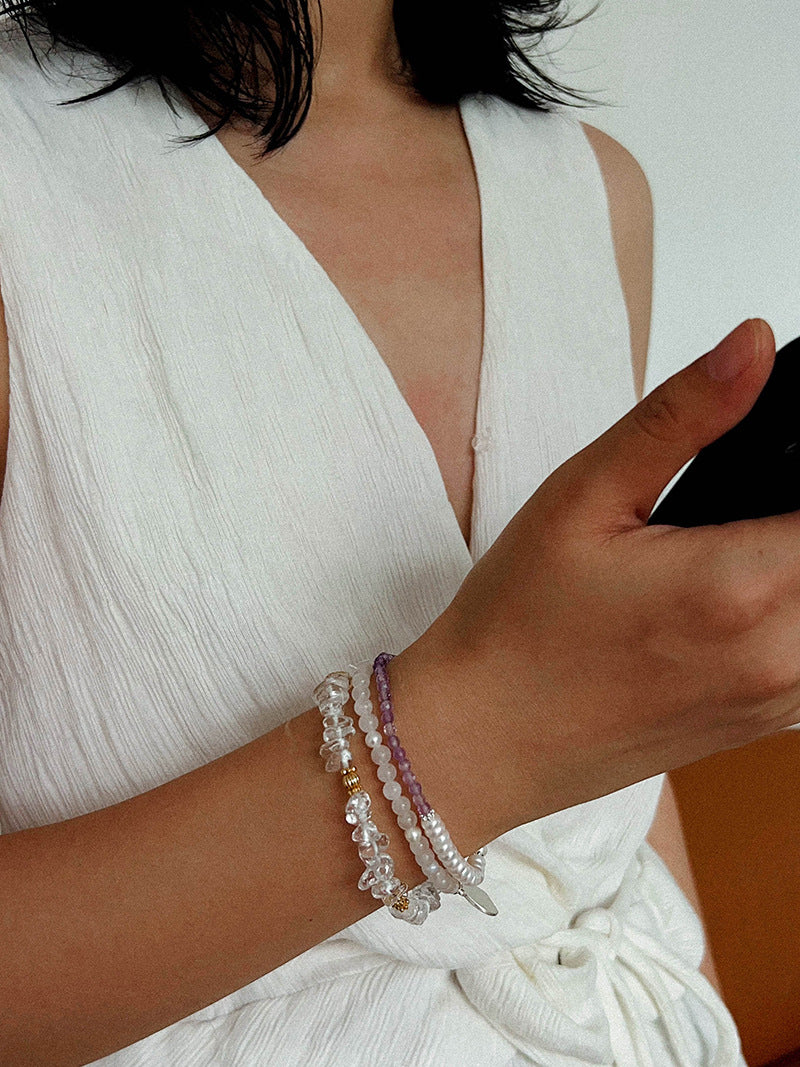Elegant Pearl Moonstone Amethyst Bead Stretch Bracelet gembea jewelry