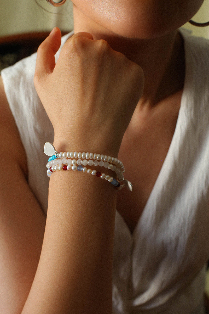 Elegant Pearl Moonstone Amethyst Bead Stretch Bracelet gembea jewelry