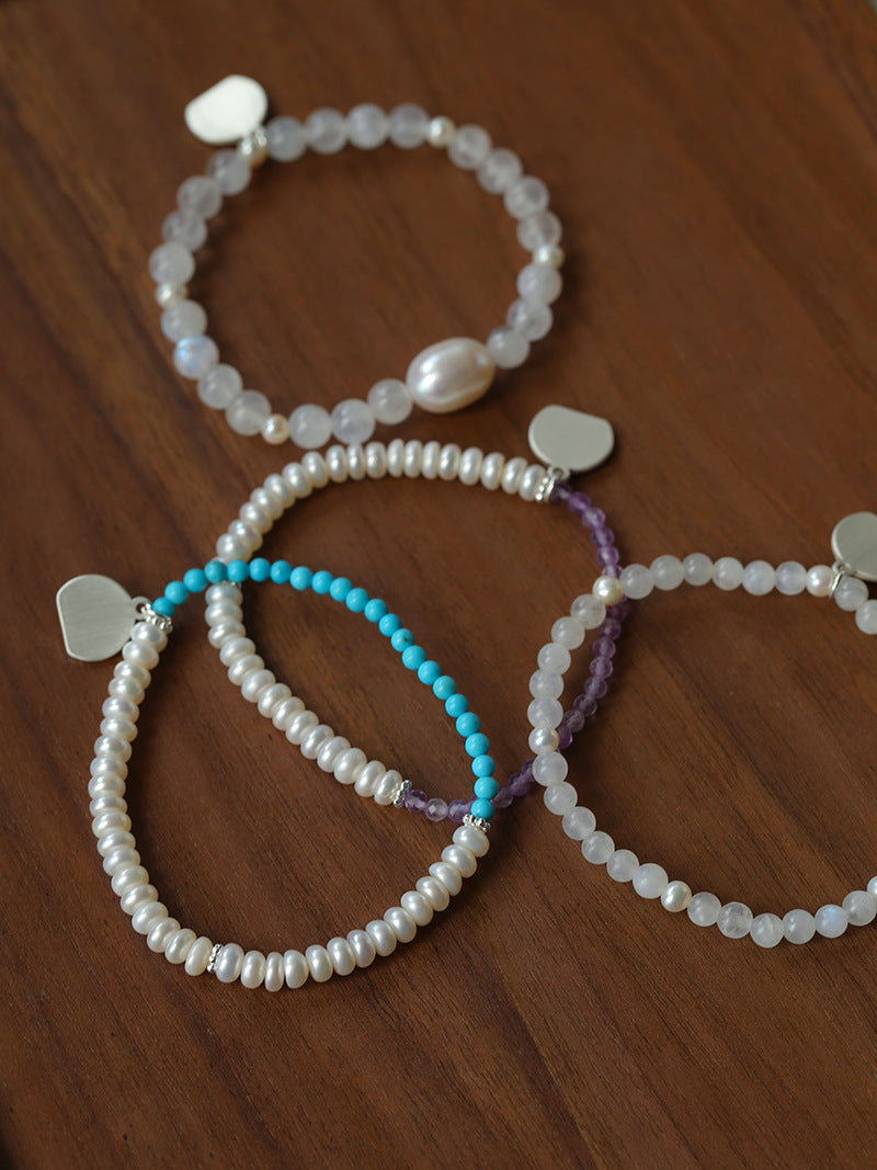 Elegant Pearl Moonstone Amethyst Bead Stretch Bracelet gembea jewelry