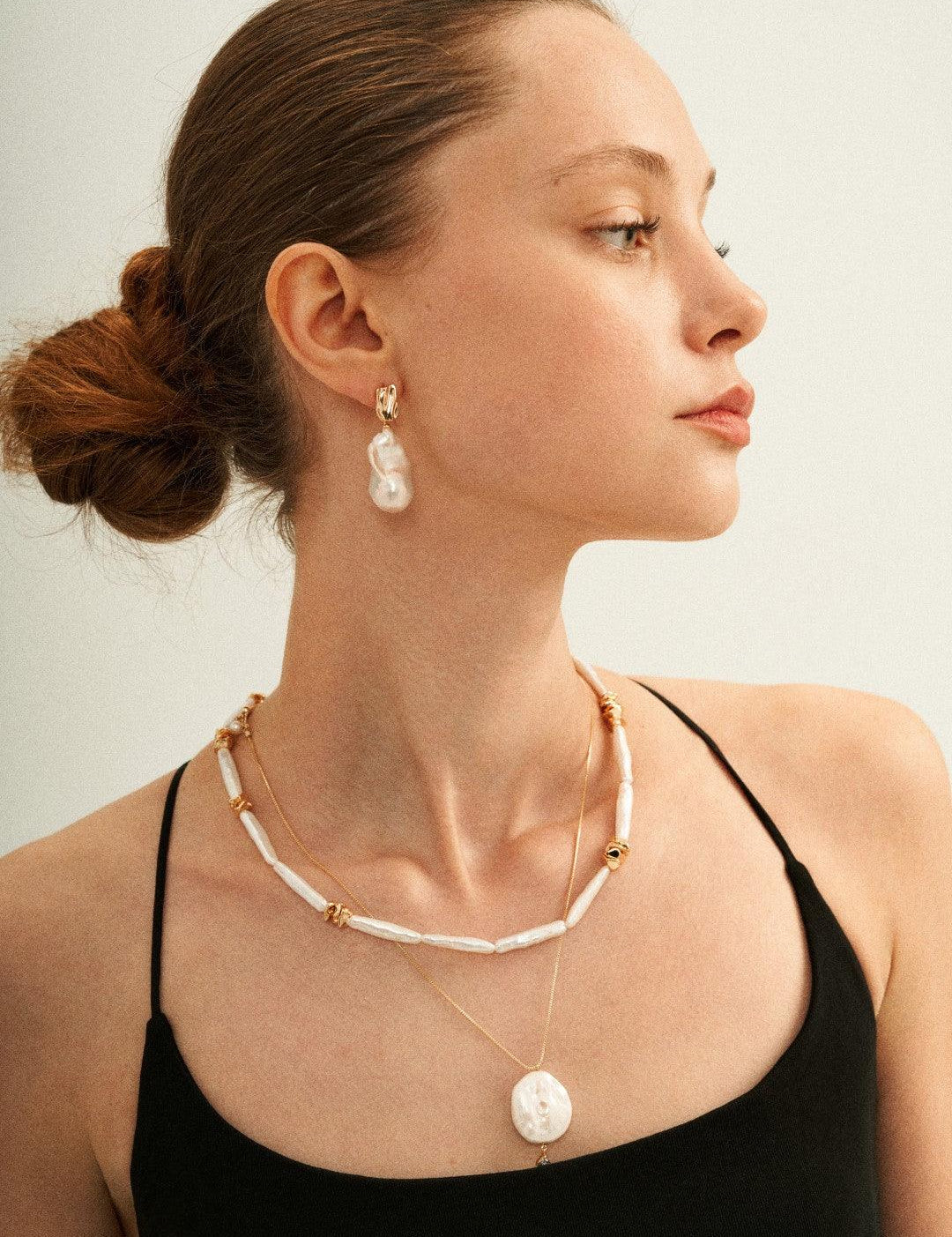 18K Gold Baroque Pendant Pearl Earrings - Gembea Jewelry