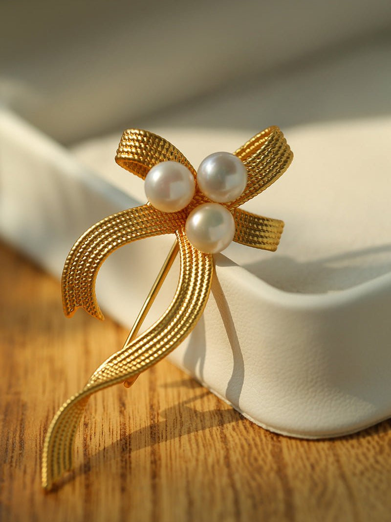 Elegant Bow Freshwater Pearl Brooch gembea jewelry