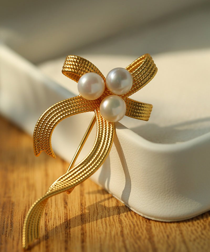 Elegant Bow Freshwater Pearl Brooch gembea jewelry