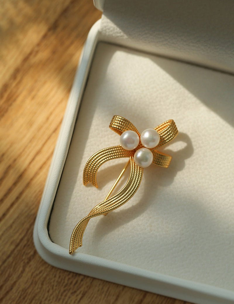 Elegant Bow Freshwater Pearl Brooch gembea jewelry