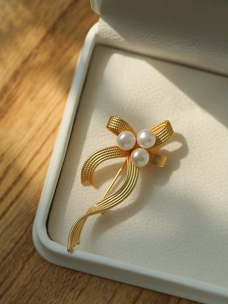 Elegant Bow Freshwater Pearl Brooch gembea jewelry
