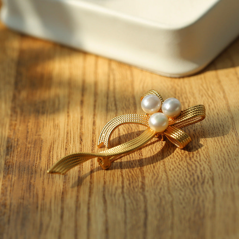 Elegant Bow Freshwater Pearl Brooch gembea jewelry