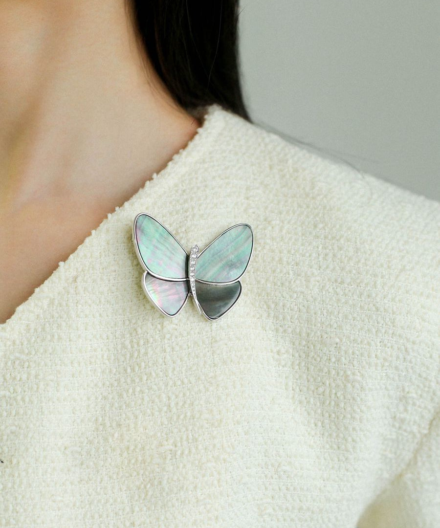 Elegant Gray Mother of Pearl Butterfly Brooch gembea jewelry
