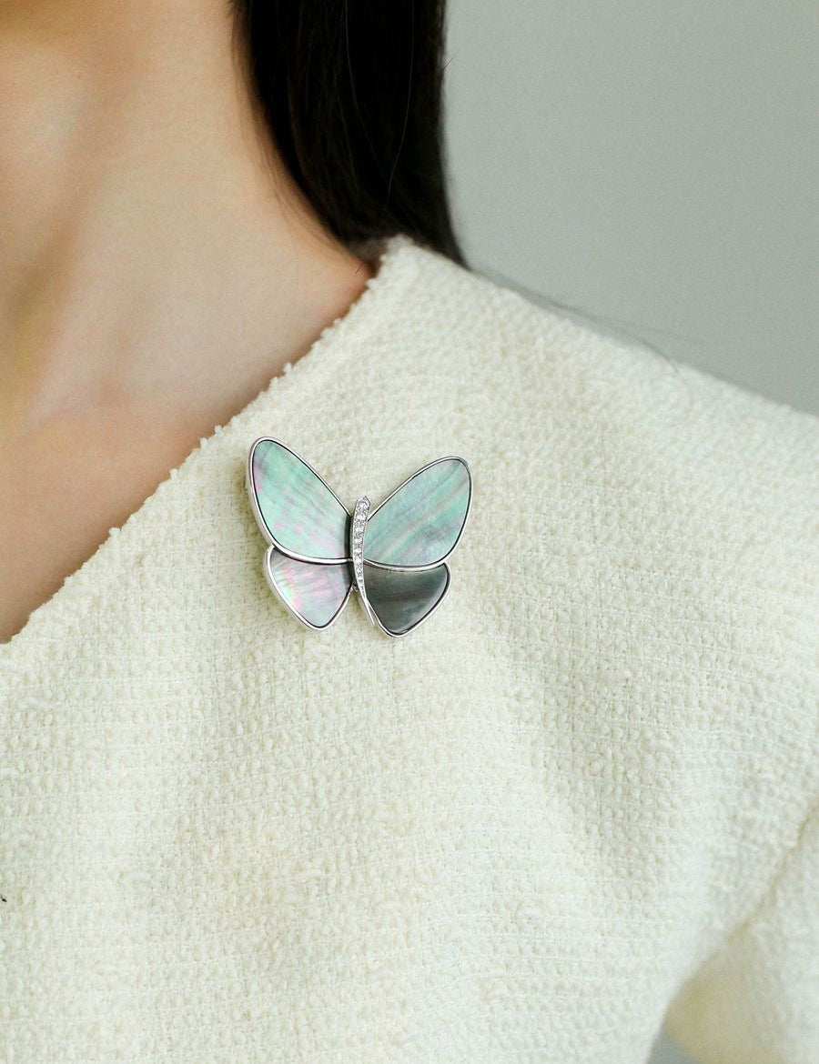 Elegant Gray Mother of Pearl Butterfly Brooch gembea jewelry