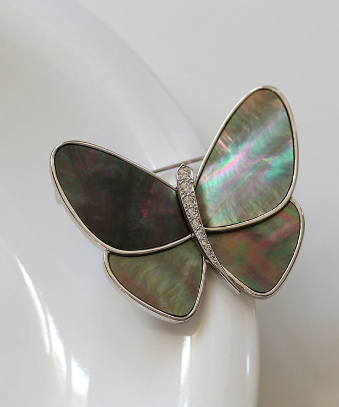 Elegant Gray Mother of Pearl Butterfly Brooch gembea jewelry