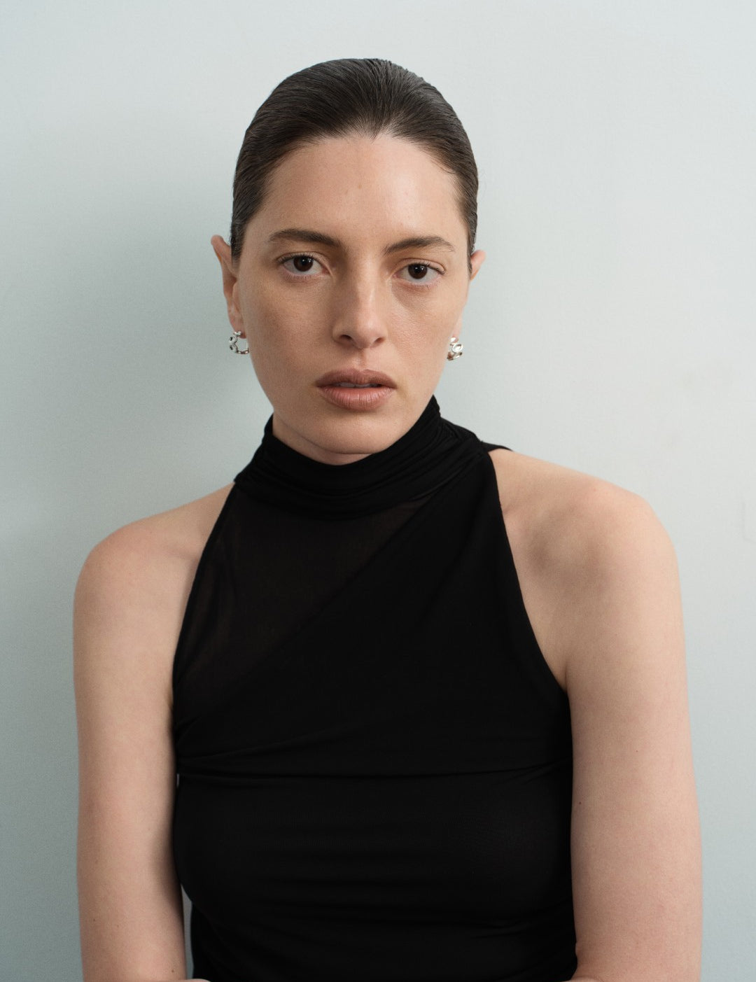 Ellipse Semi-round Mini Hoop Earrings-Silver gembea jewelry