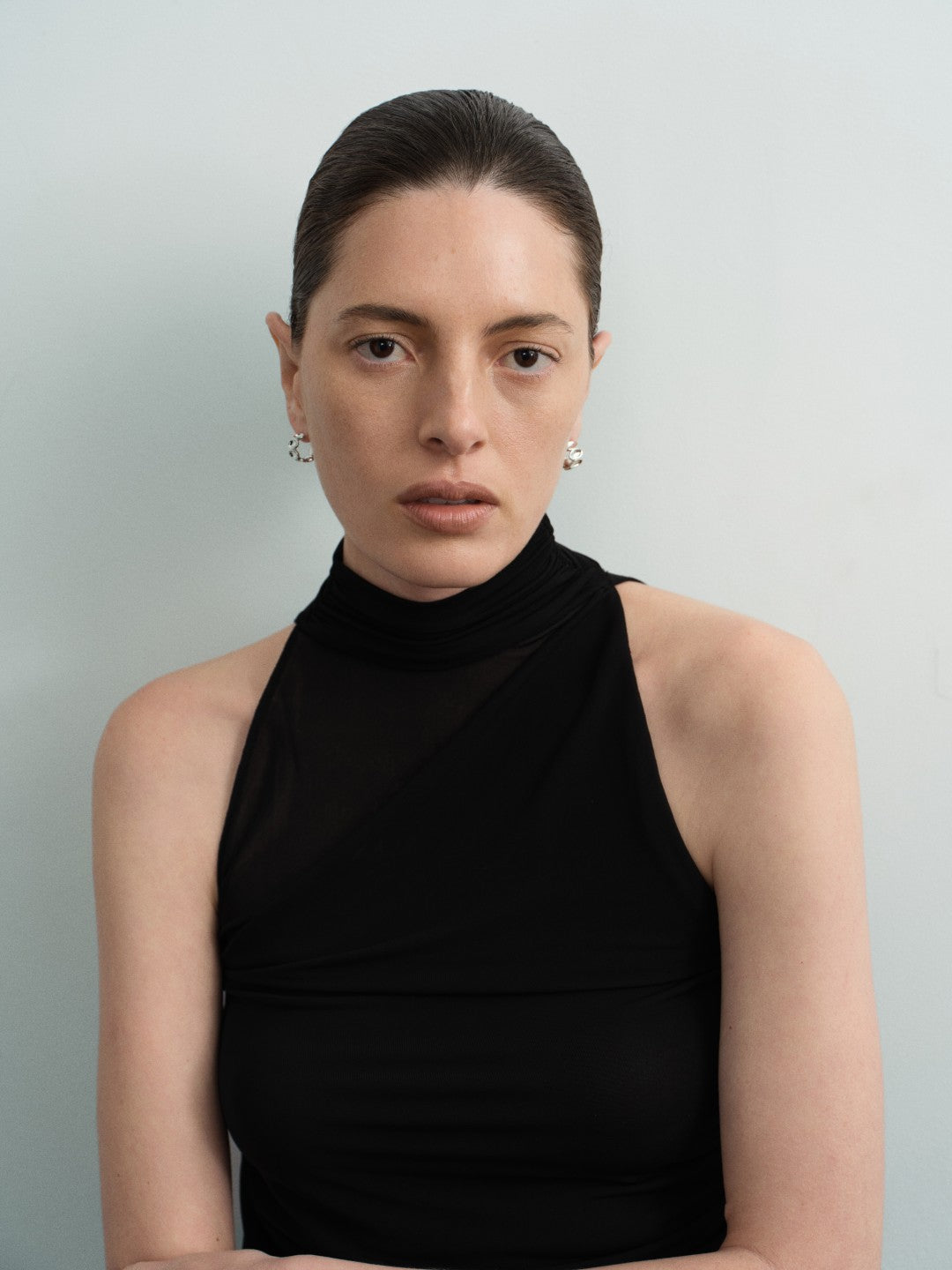 Ellipse Semi-round Mini Hoop Earrings-Silver gembea jewelry