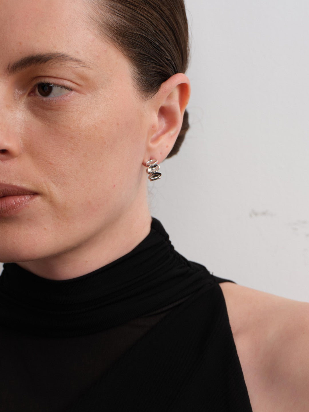 Ellipse Semi-round Mini Hoop Earrings-Silver gembea jewelry