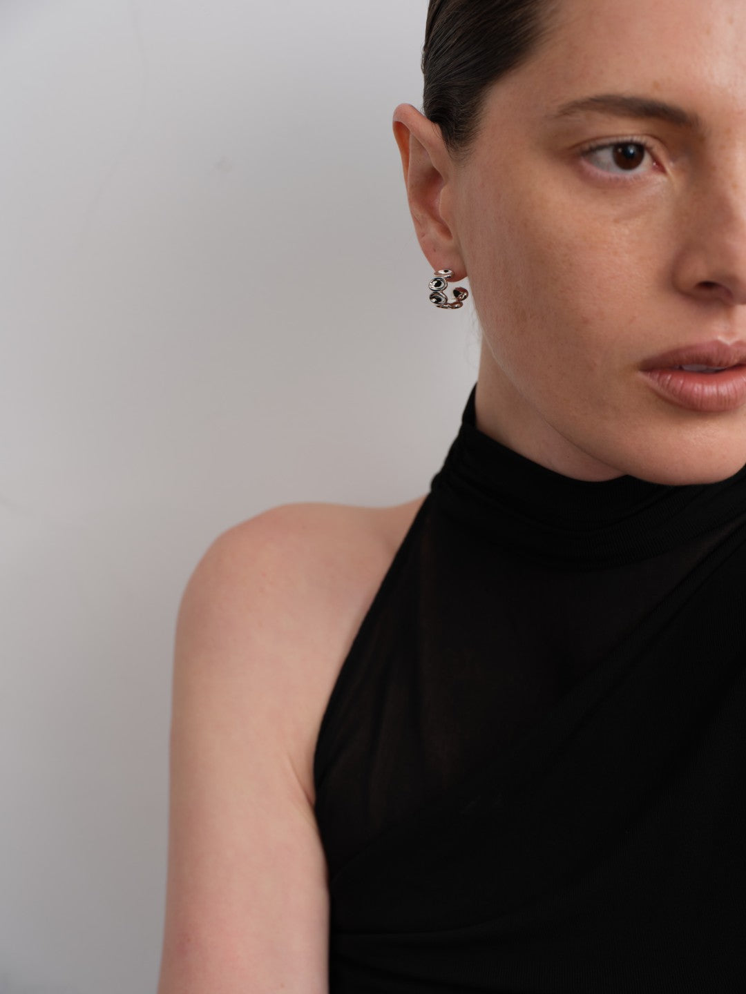 Ellipse Semi-round Mini Hoop Earrings-Silver gembea jewelry