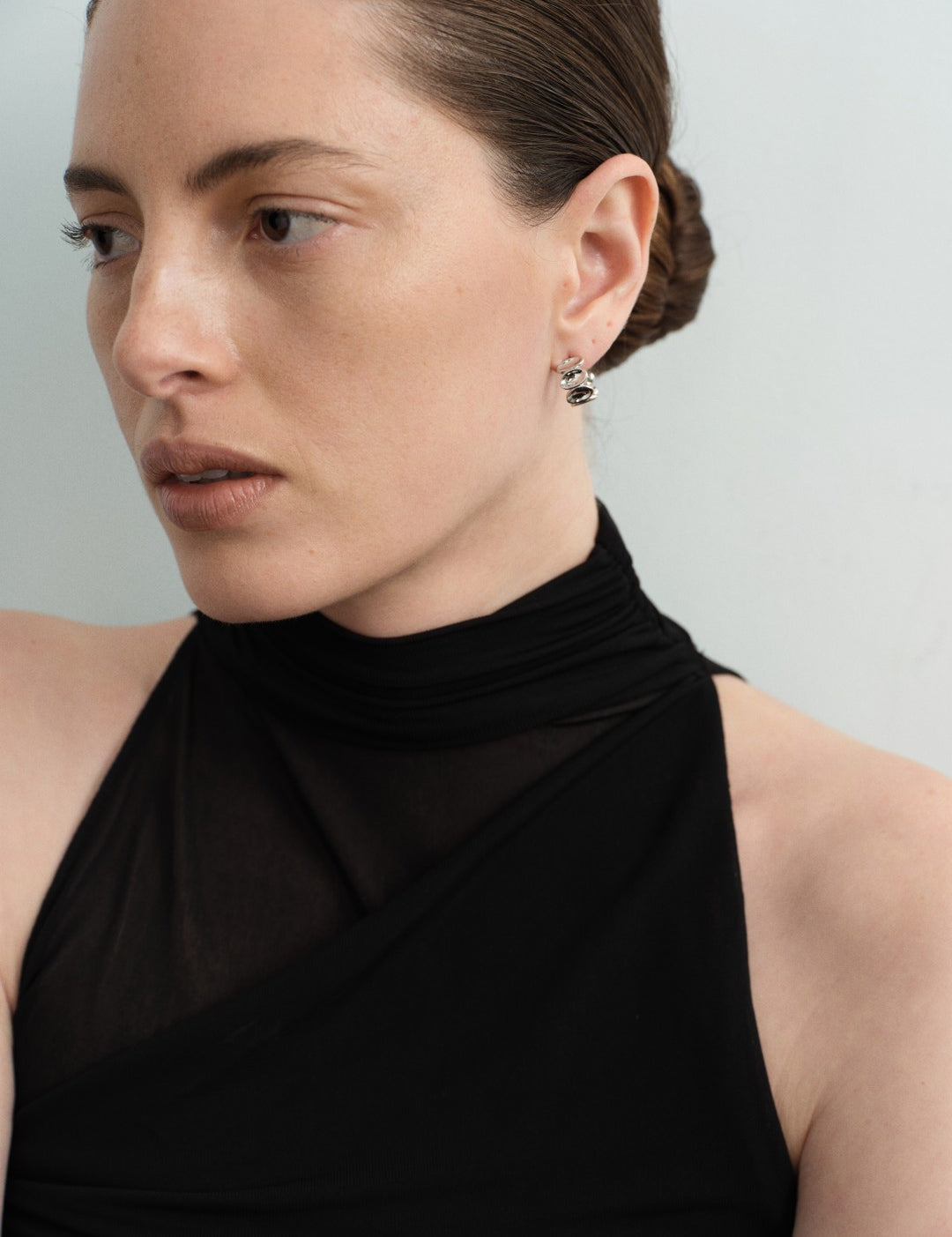 Ellipse Semi-round Mini Hoop Earrings-Silver gembea jewelry