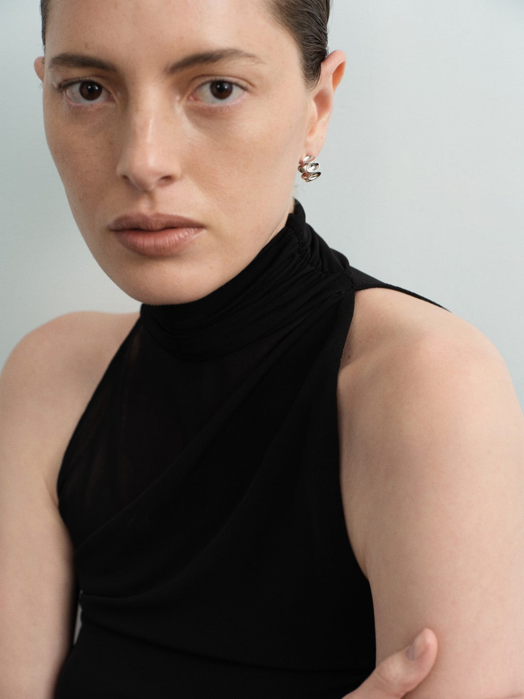 Ellipse Semi-round Mini Hoop Earrings-Silver gembea jewelry