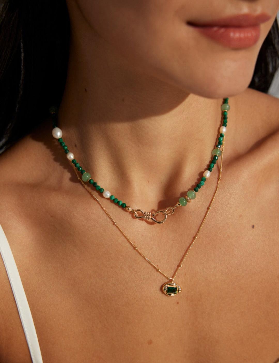 Emerald Green Jadeite Peacock Pearl Necklace - Gembea Jewelry