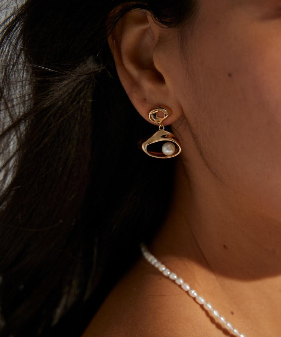 Eye Shaped Pearl Drop Earrings - Gembea Jewelry