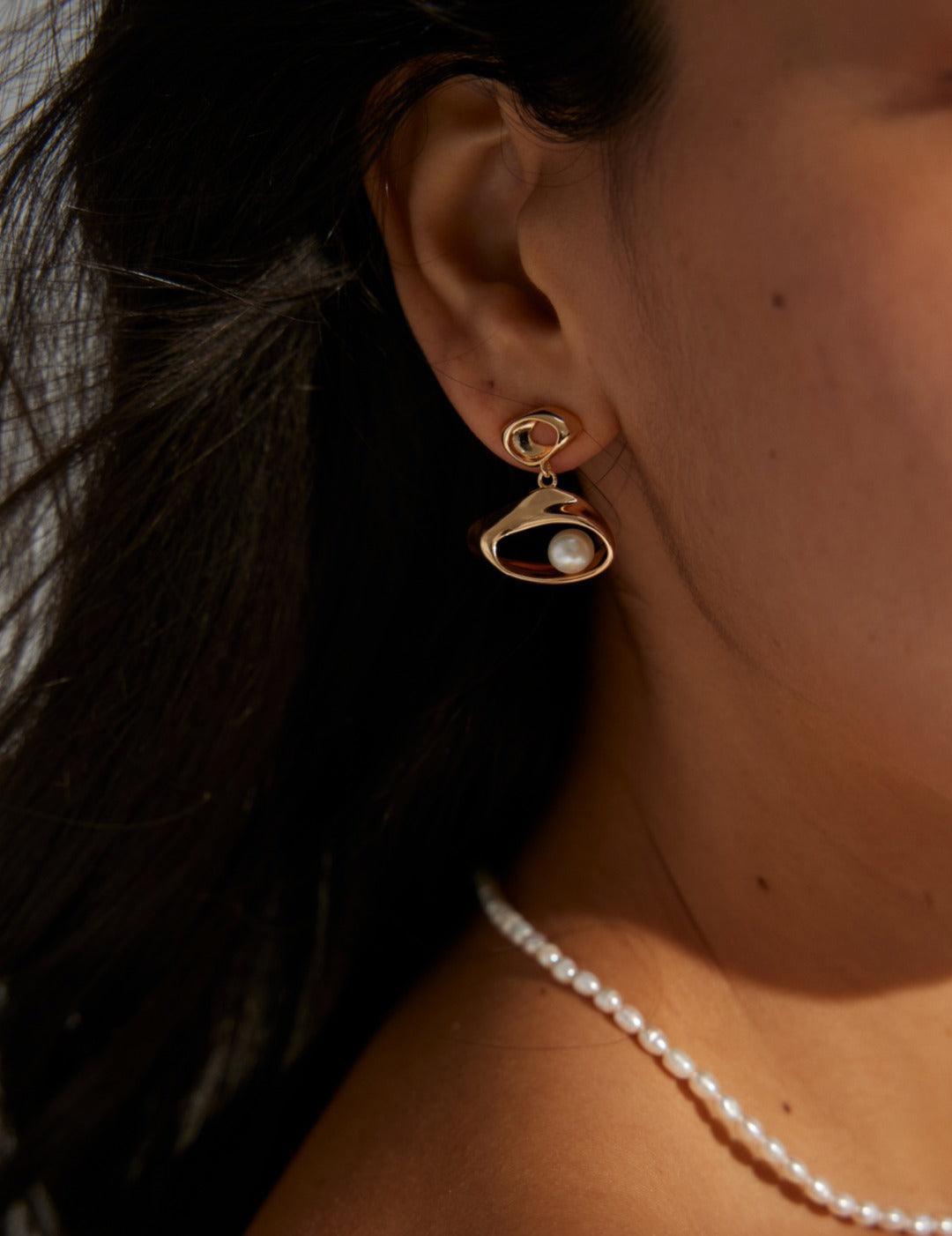 Eye Shaped Pearl Drop Earrings - Gembea Jewelry