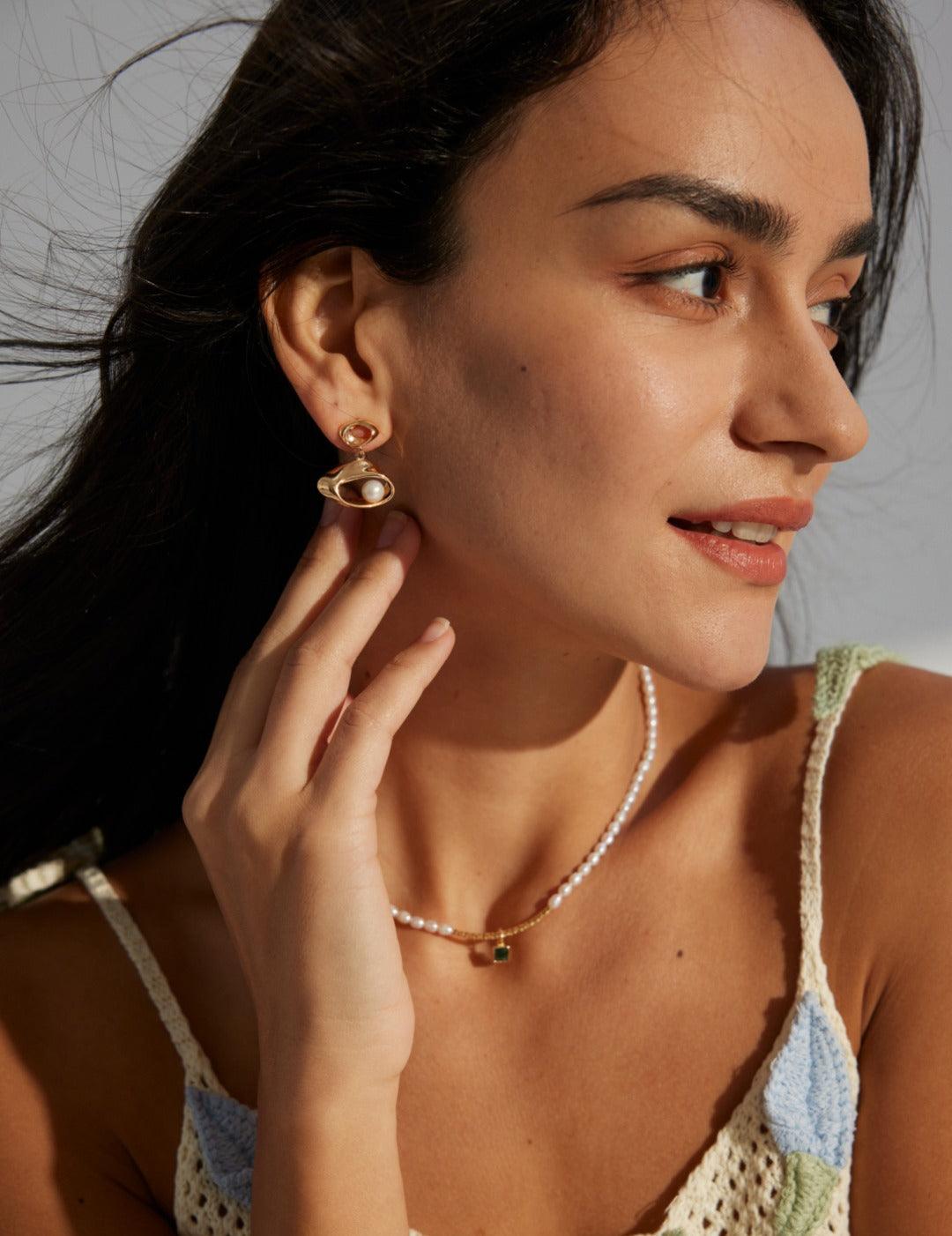 Eye Shaped Pearl Drop Earrings - Gembea Jewelry