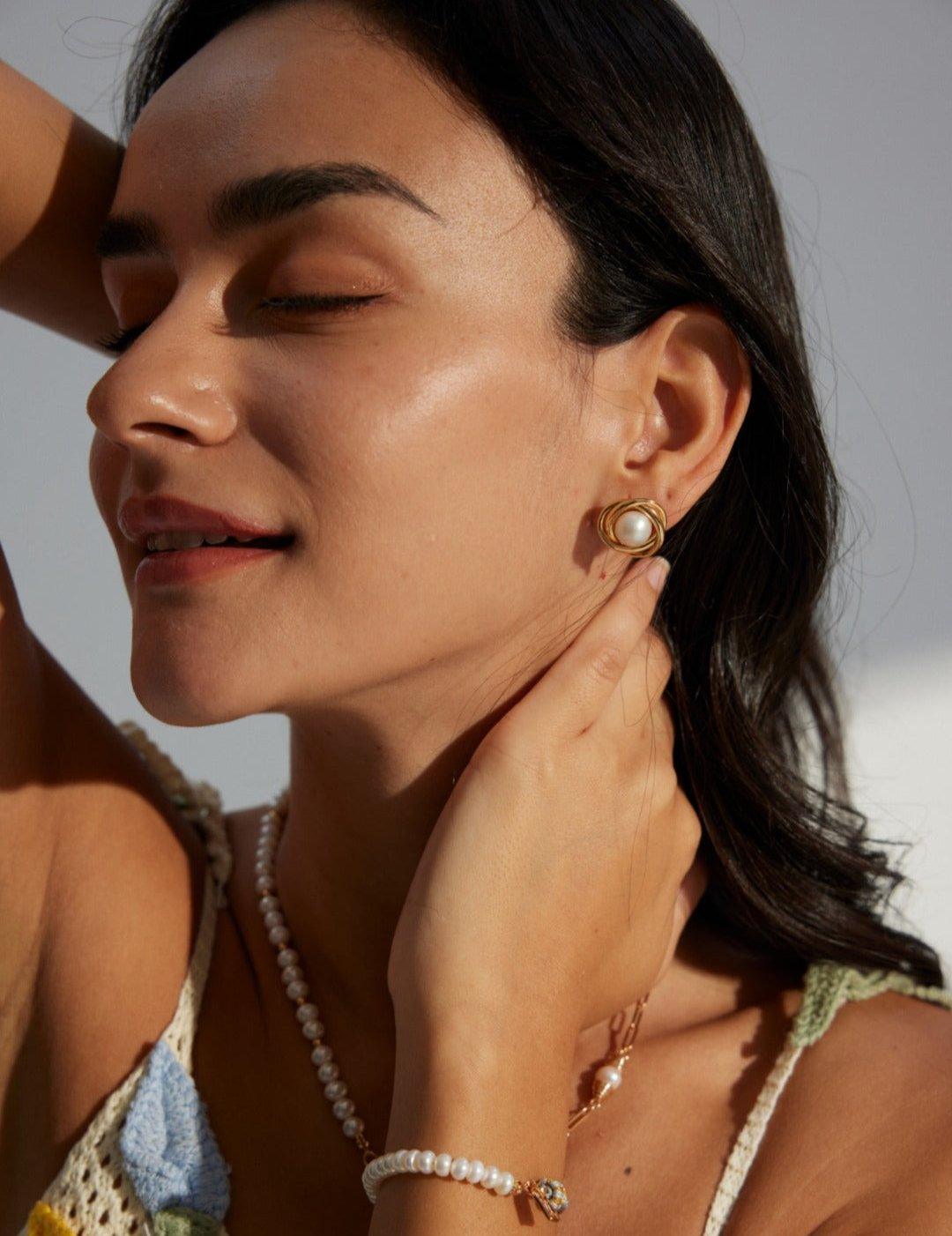 Fashion Spiral Pearl Stud Earrings Sale - Gembea Jewelry