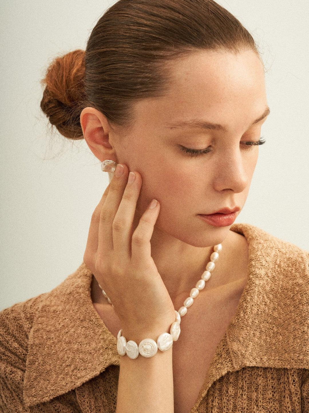 Flat Round Baroque Beaded Pearl Bracelet - Gembea Jewelry