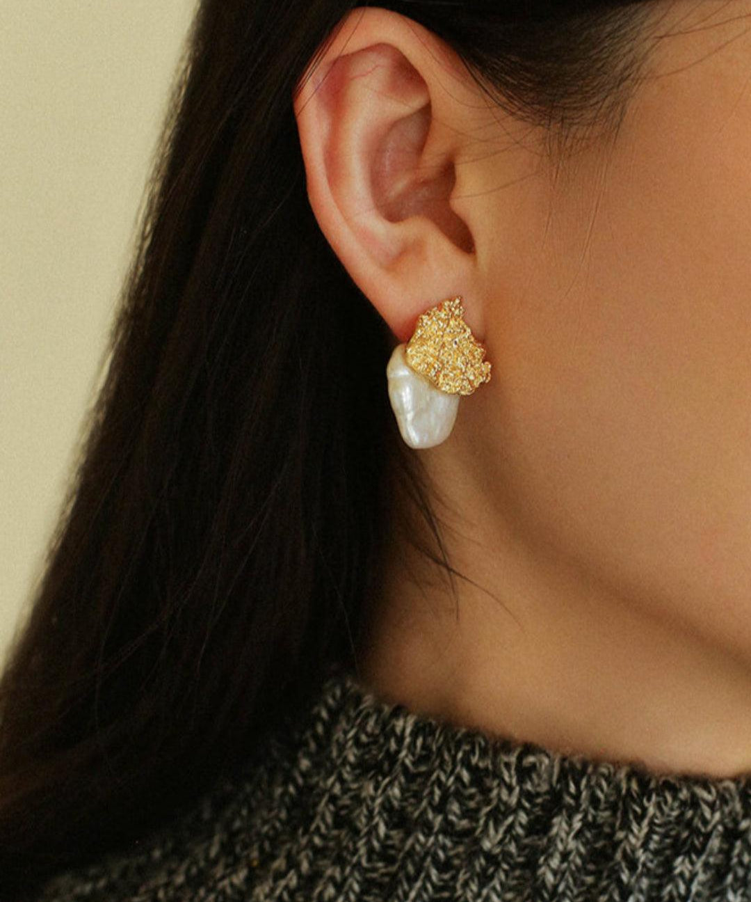 Foil Petals Baroque Stud Earrings - Gembea Jewelry