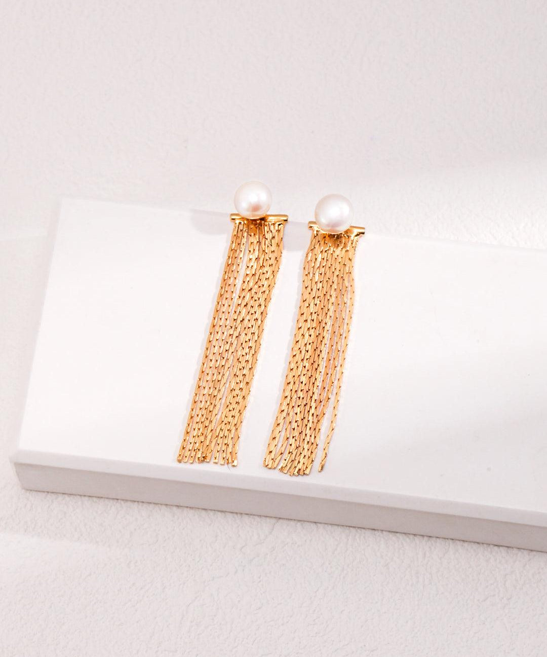 Freshwater Pearl 18K Gold Tassel Earrings - Gembea Jewelry