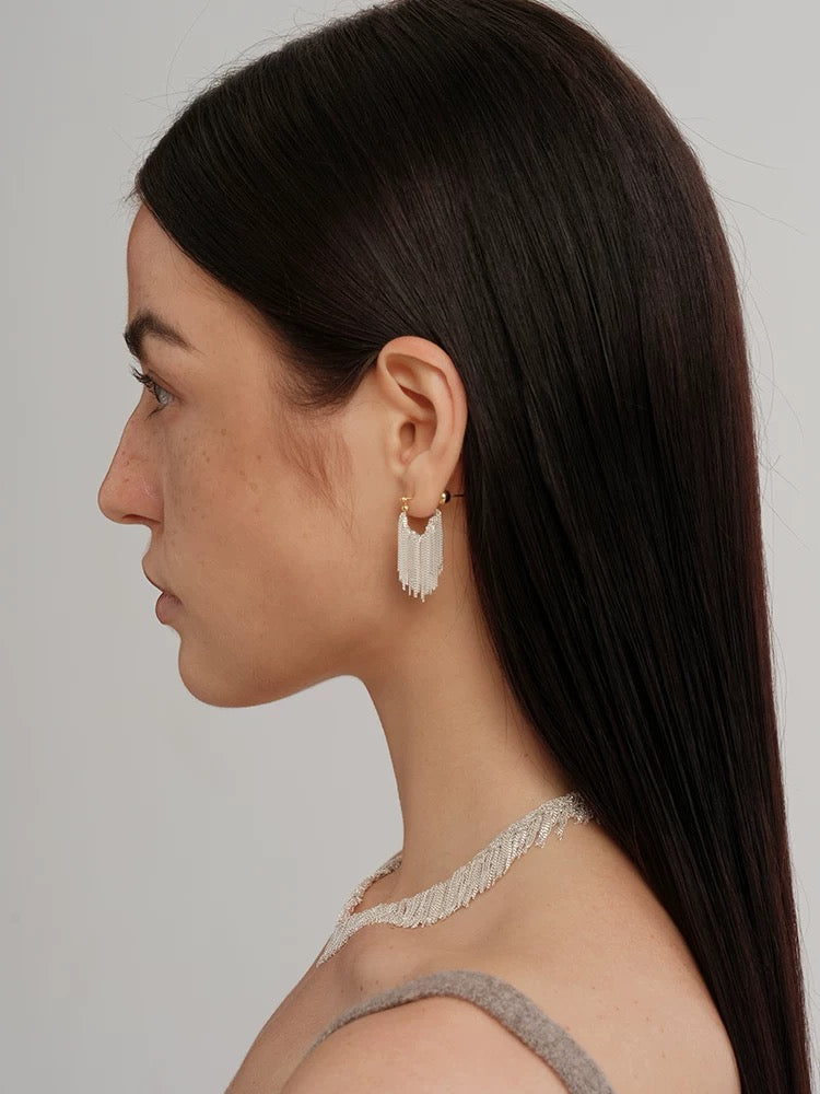 Galaxy Falls Series Bright Silver Tassel Earrings gembea jewelry