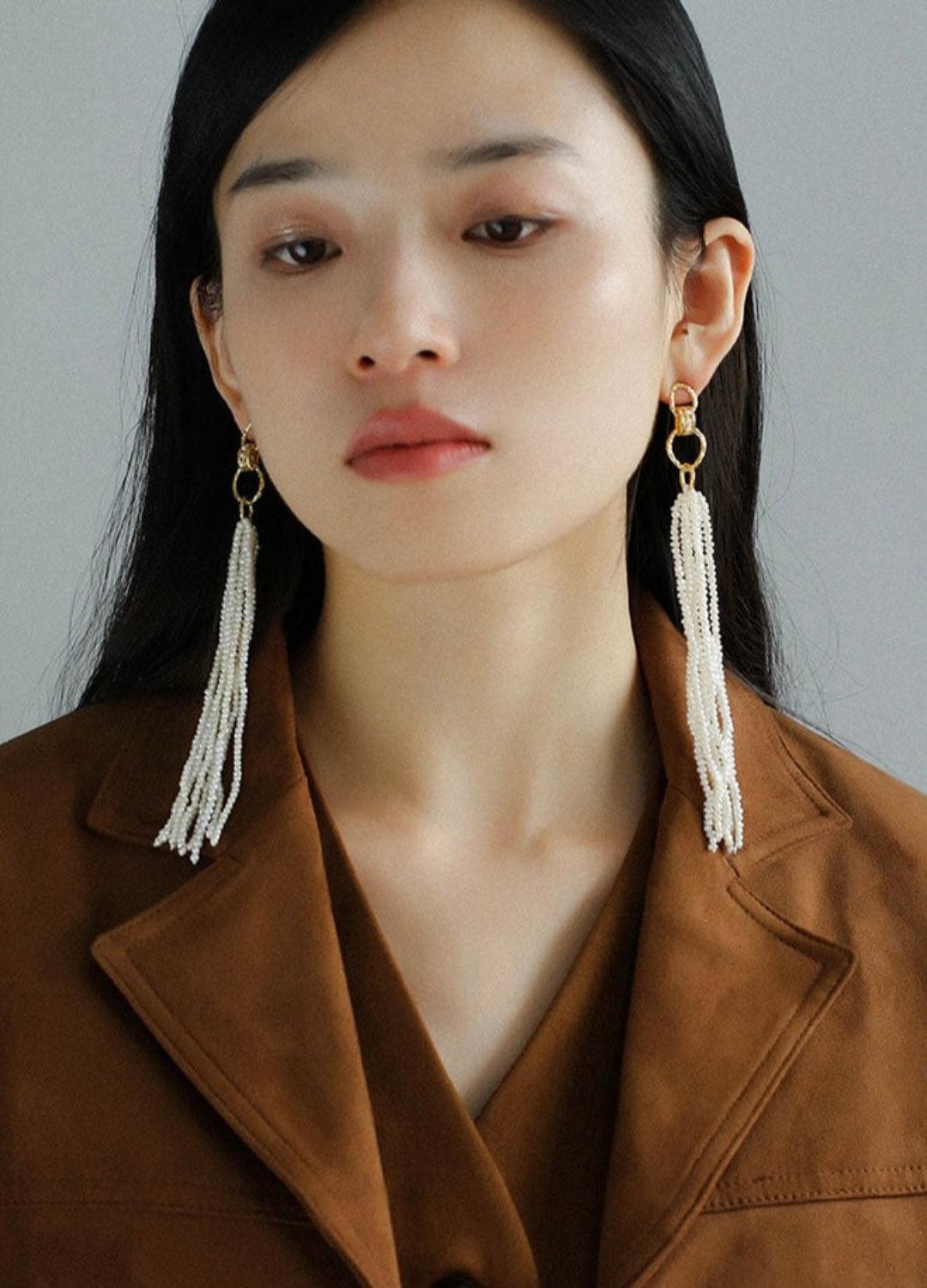 Galaxy Falls Series Rice Pearl Tassel Earrings - Gembea Jewelry