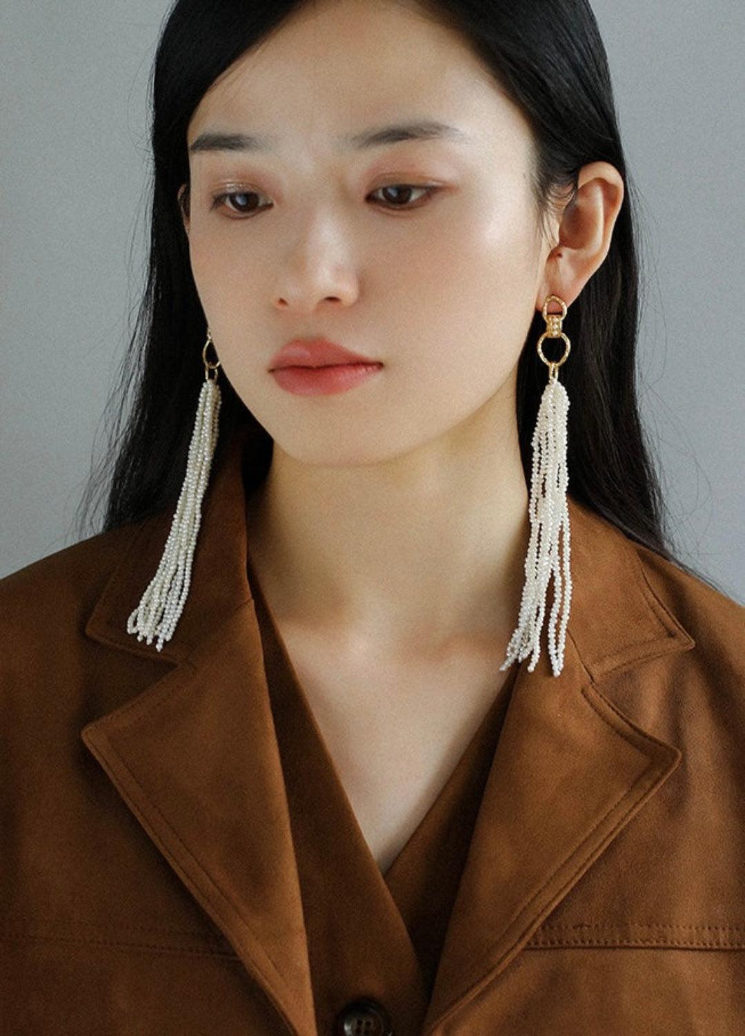 Galaxy Falls Series Rice Pearl Tassel Earrings - Gembea Jewelry