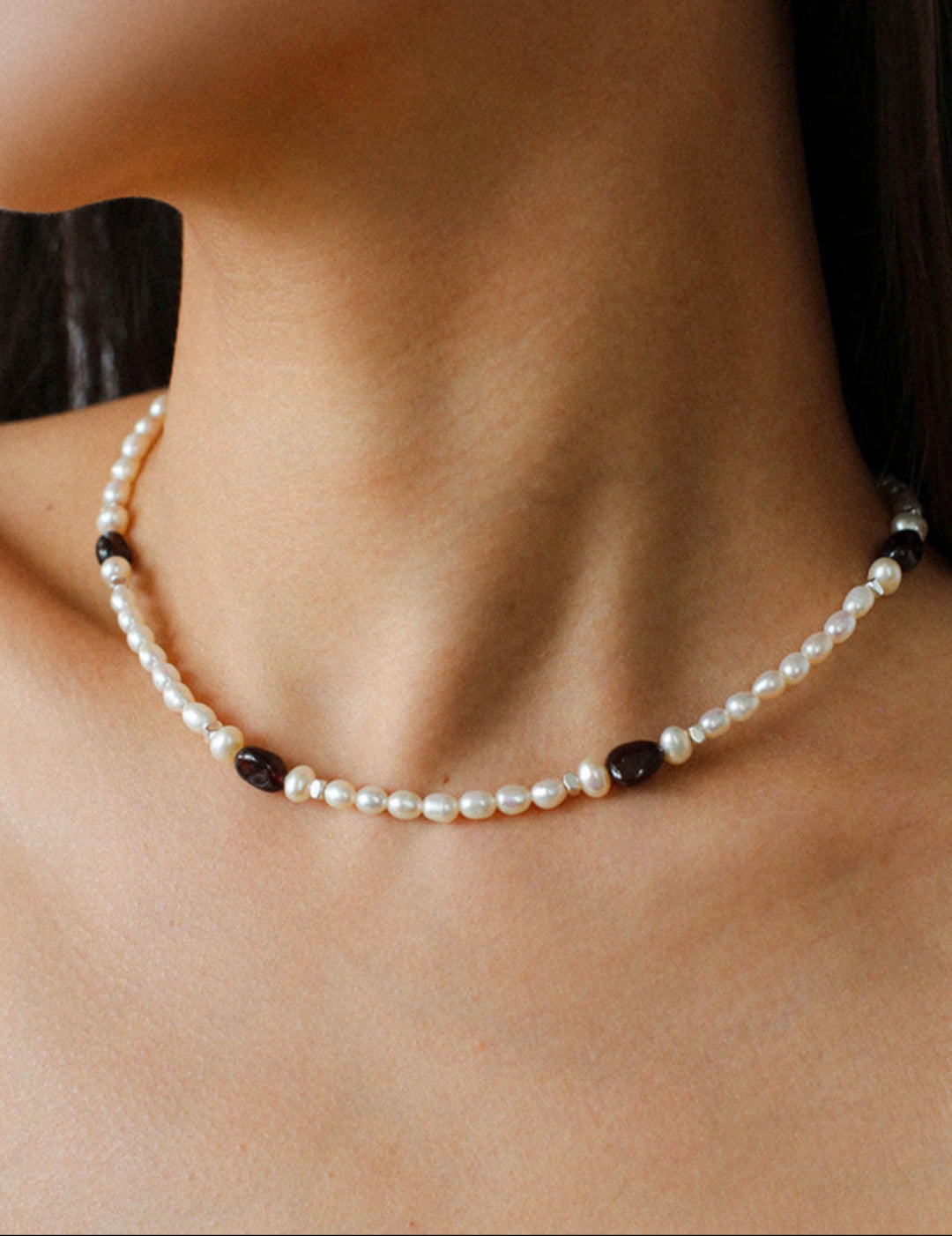Garnet Stone Freshwater Pearl Beaded Necklace gembea jewelry