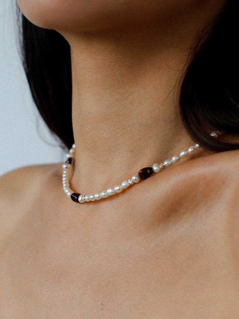 Garnet Stone Freshwater Pearl Beaded Necklace gembea jewelry