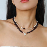 Garnet Stone Freshwater Pearl Beaded Necklace gembea jewelry