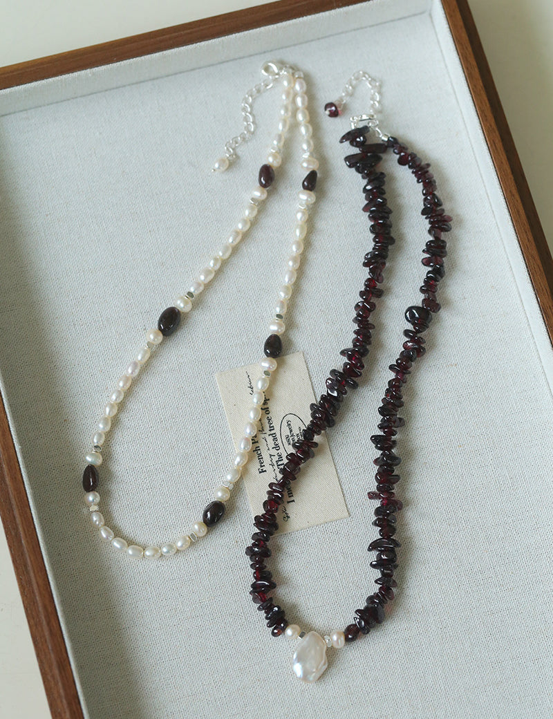 Garnet Stone Freshwater Pearl Beaded Necklace gembea jewelry