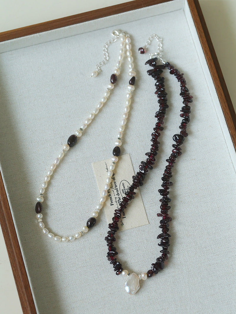 Garnet Stone Freshwater Pearl Beaded Necklace gembea jewelry