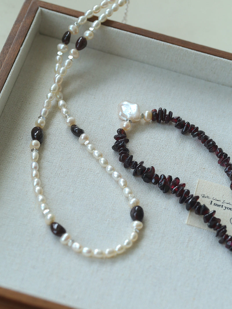 Garnet Stone Freshwater Pearl Beaded Necklace gembea jewelry
