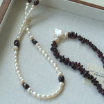 Garnet Stone Freshwater Pearl Beaded Necklace gembea jewelry