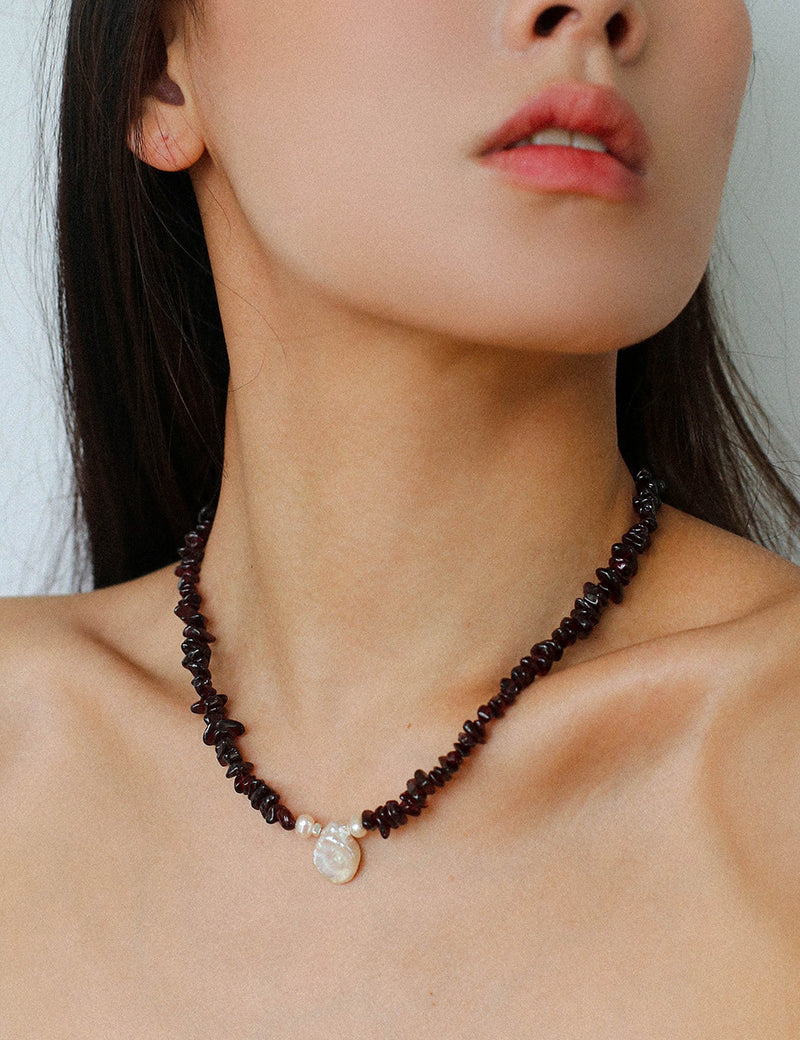 Garnet Stone Petal Baroque Pearl Necklace gembea jewelry