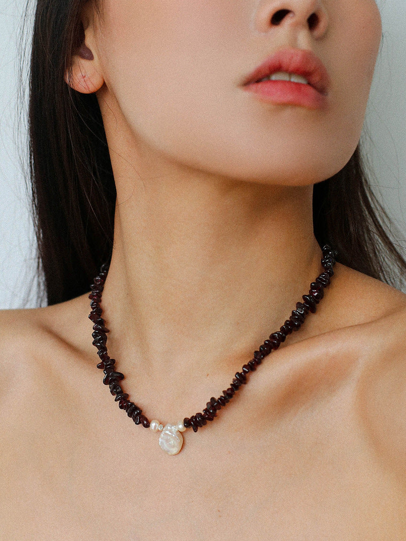 Garnet Stone Petal Baroque Pearl Necklace gembea jewelry