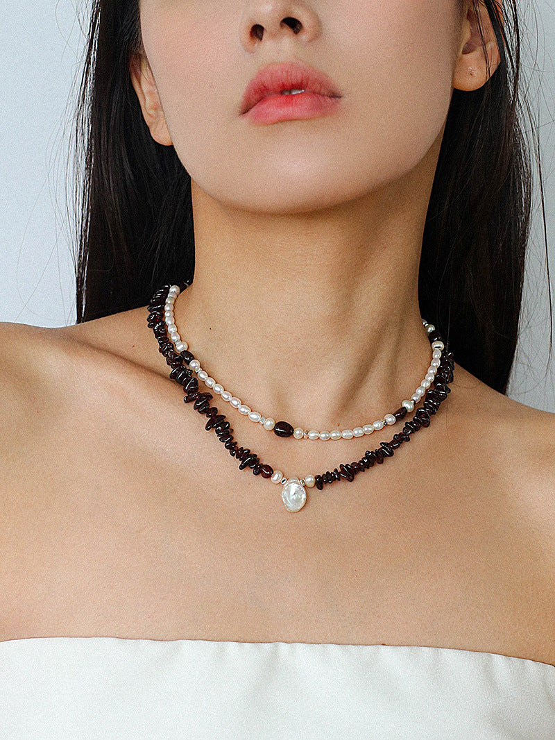 Garnet Stone Petal Baroque Pearl Necklace gembea jewelry